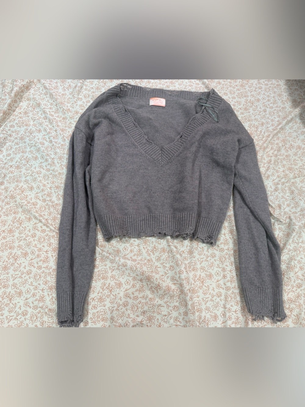 Cropped V-Neck Distressed Gray Sweater